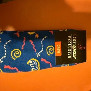 Loot Crate Exclusive Blue Crew Socks with Yellow and Pink Accents